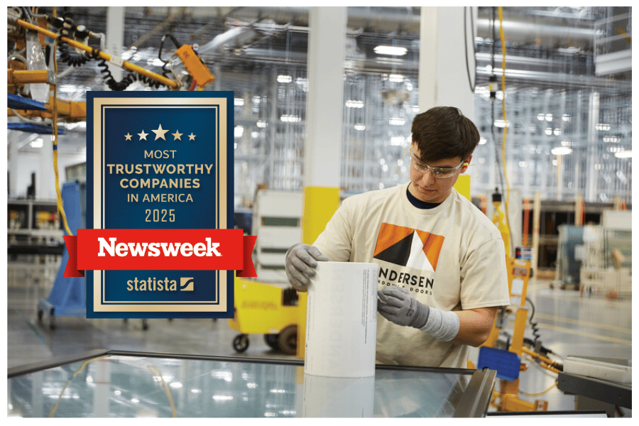 The Newsweek 'Most Trustworthy Companies in America' logo with the background of an Andersen employee working on a window unit