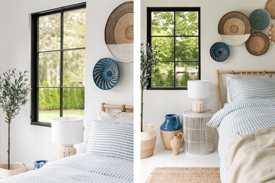 Will Taylor Mediterranean-inspired bedroom featuring black windows